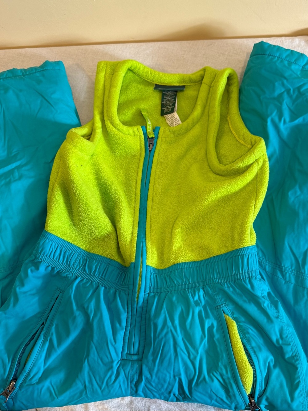 L.L. Bean Kids Snowsuit Vintage Neon Lime Green Fleece Girls 6X/7 Snow Ski